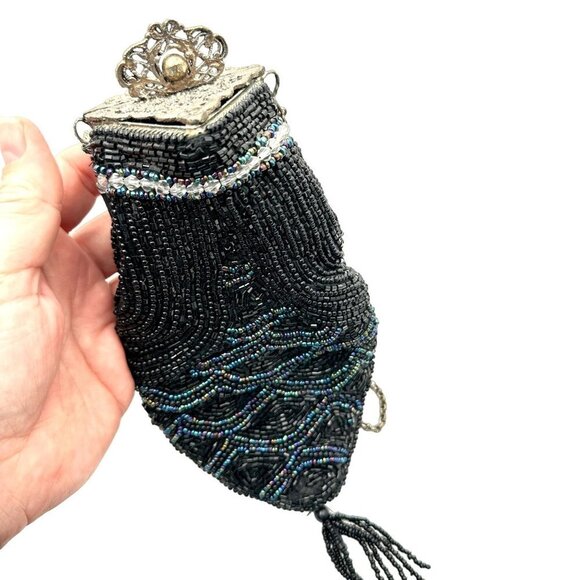 Antique Art Nouveau Deco 1920s Glass Beaded Purse Bag Silver Filigree Clasp